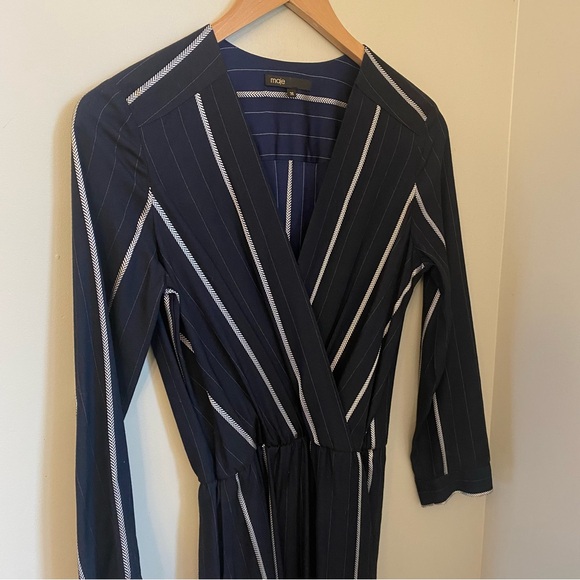 MAJE Panti V-neck Pinstriped Woven Jumpsuit In Marine Size 36 or Small - Picture 4 of 15